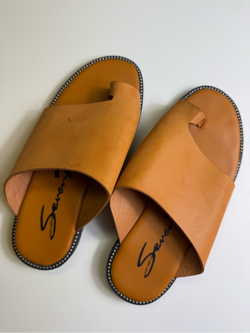 7 For All Mankind Cognac Leather Slide Sandals with Studded Trim